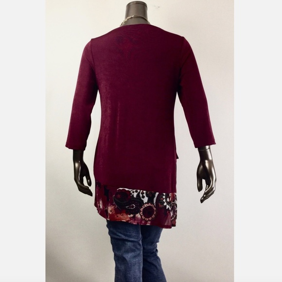 CHICO'S $80 NWT BURGUNDY MESH TRIM 3/4-SLV TUNIC SIZE 0 (S) - Picture 4 of 4
